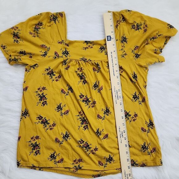 Lucky Brand‎ -263 short sleeve blouse yellow floral squared neck Medium - Picture 6 of 8